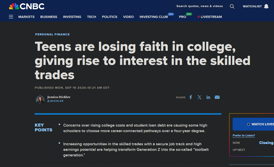 Teens are losing faith in college, giving rise to interest in the skilled trades